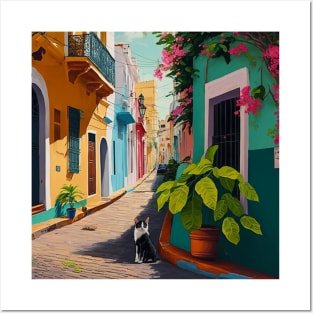 Viejo San Juan Colorful Homes, Plants and Cats Posters and Art